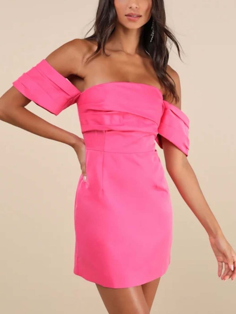 Lulus NWT “Totally Haute” Hot Pink Satin Pleated Off-The-Shoulder Mini Dress Med - Picture 7 of 16